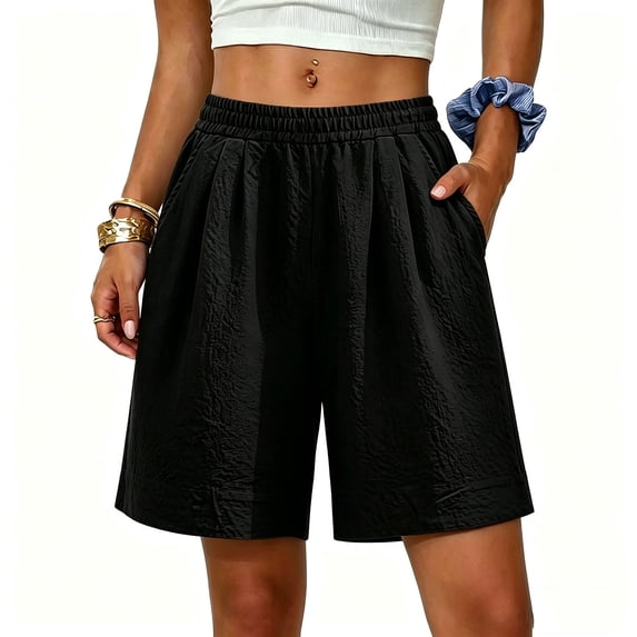 Cmfcve Plus Size Bermuda Shorts for Women High Waisted Knee Length Elastic Waist Summer Casual Wide Leg Shorts