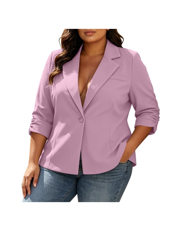 Plus Size Blazer for Women Lapel Collar 3/4 Sleeve Button Suit Jacket Loose Fit Business Casual Blazer with Pocket
