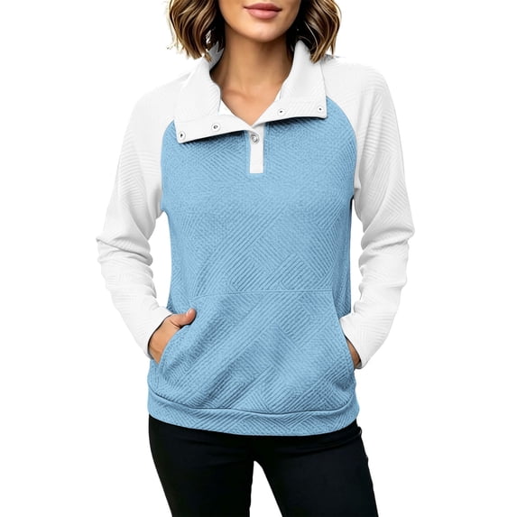 Cmfcve Plus Size Button V Neck Pullover Sweatshirts for Women Fashion Color Block Loose Fit Casual Long Sleeve Fall Shirts