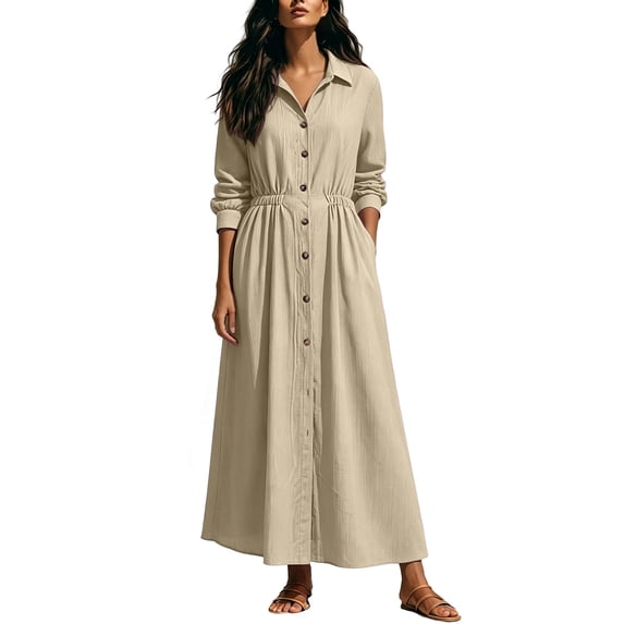 Cmfcve Plus Size Button down Dress for Women Casual Long Sleeve Lapel Collared Flowy A-Line Maxi Shirt Dress