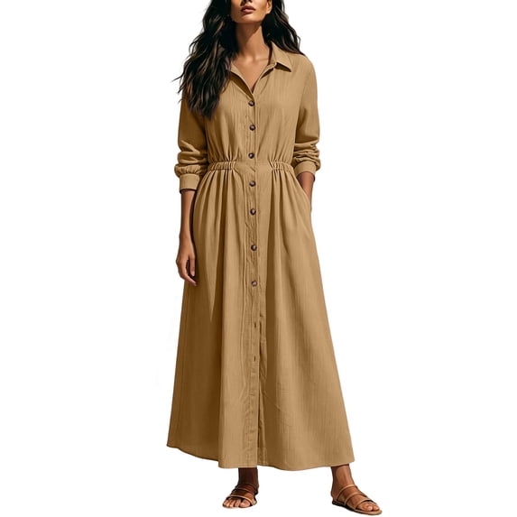 Cmfcve Plus Size Button down Dress for Women Casual Long Sleeve Lapel Collared Flowy A-Line Maxi Shirt Dress
