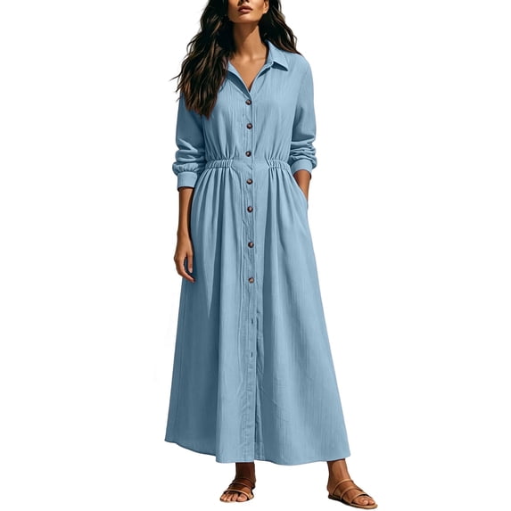 Cmfcve Plus Size Button down Dress for Women Casual Long Sleeve Lapel Collared Flowy A-Line Maxi Shirt Dress