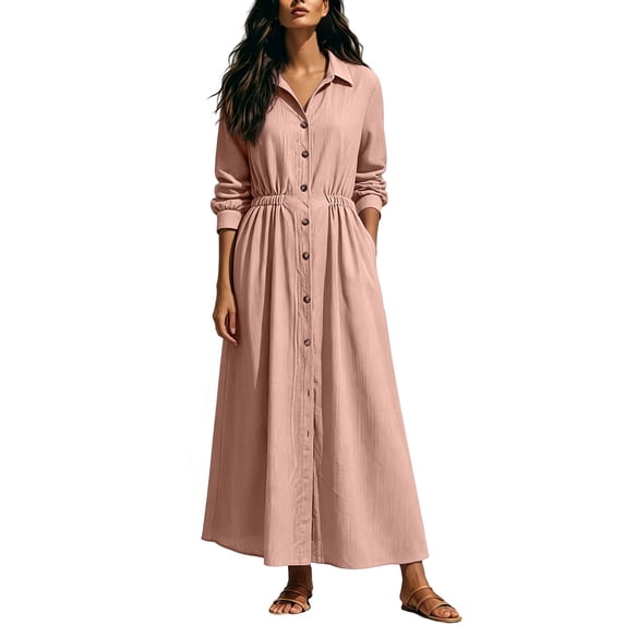 Cmfcve Plus Size Button down Dress for Women Casual Long Sleeve Lapel Collared Flowy A-Line Maxi Shirt Dress