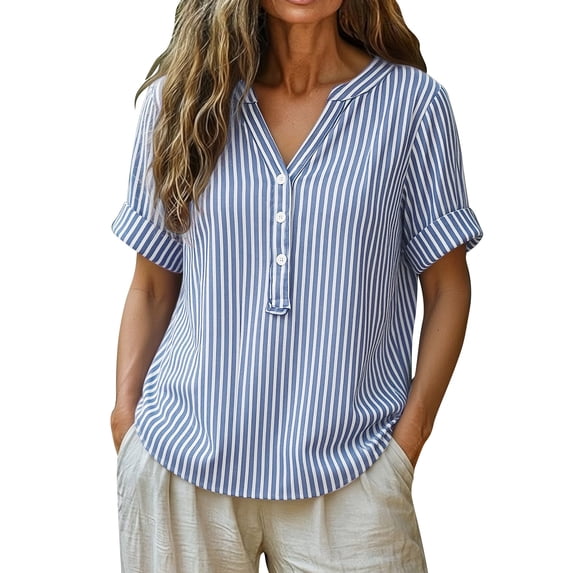 Cmfcve Plus Size Cotton Linen Summer Tops for Women Rolled Short Sleeve V Neck Henley Blouse Button Detail Casual Dressy Shirts