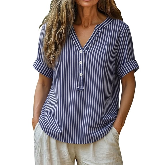 Cmfcve Plus Size Cotton Linen Summer Tops for Women Rolled Short Sleeve V Neck Henley Blouse Button Detail Casual Dressy Shirts