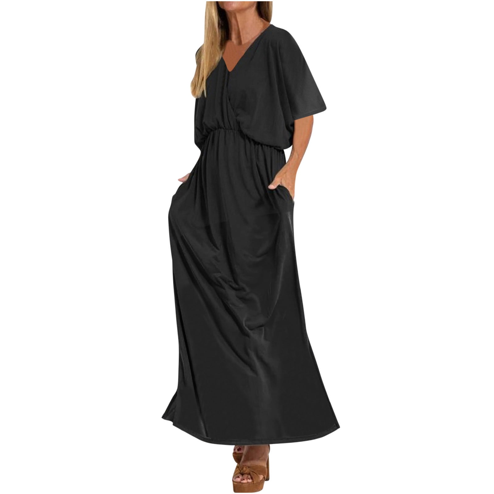Plus Size Puff Sleeve Split Maxi Dresses