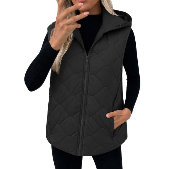 Cmfcve Plus Size Hooded Puffer Vest for Womens Full Zip Sleeveless Quilted Vest Winter Warm Outerwear Jackets with Zipper Pockets