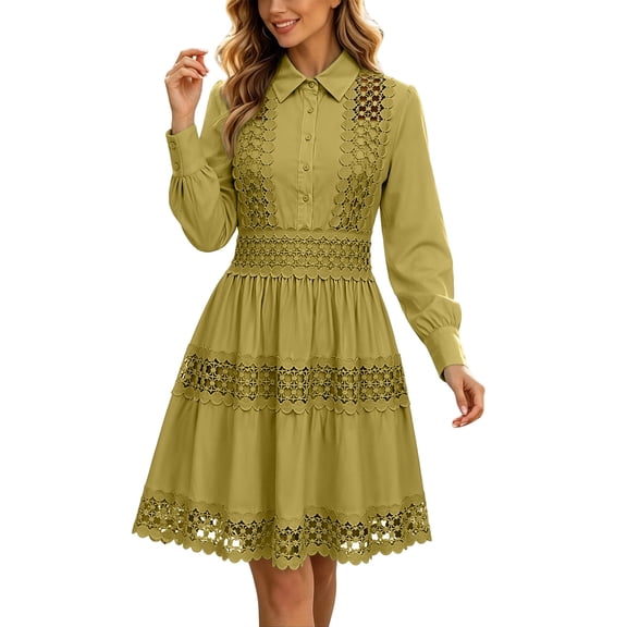 Cmfcve Plus Size Lace Shirt Dresses for Women Keyhole Eyelet Button down Collared Long Sleeve Dresses Casual Knee Length Dress