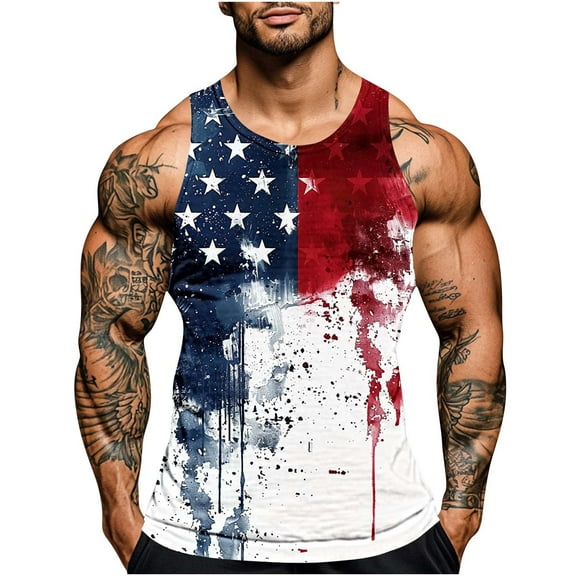 Cmfcve Plus Size Men's Patriotic Tank Tops Printed Pullover Loose Vest Sleeveless Round Neck Fitness Undershirt