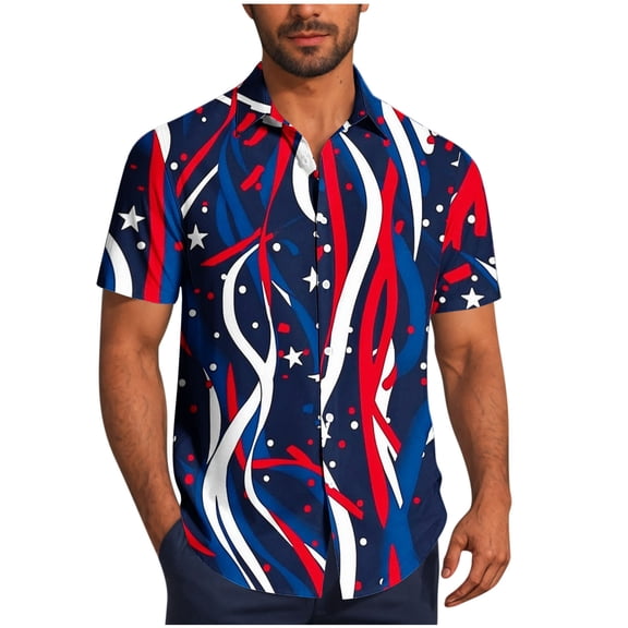 Cmfcve Plus Size Men's Summer Shirt Independence Day Printed Daily Top Short Sleeve Round Neck Hawaiian Shirts