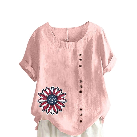 Cmfcve Plus Size Patriotic Shirts for Women Casual Short Sleeve Round Neck Tee Top Linen Printed 4th of July Bohemian Blouse