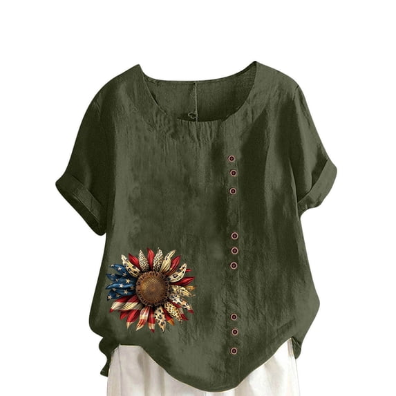 Cmfcve Plus Size Patriotic Shirts for Women Casual Short Sleeve Round Neck Tee Top Linen Printed 4th of July Bohemian Blouse