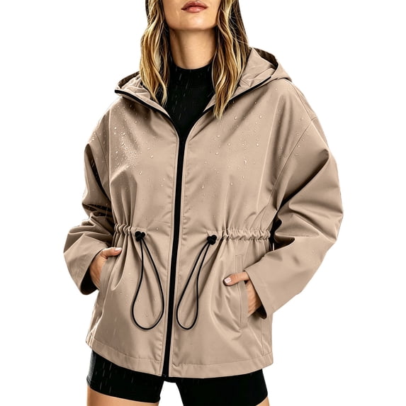Cmfcve Plus Size Rain Jacket for Women Waterproof Drawstring Waist Full Zip Hooded Raincoat Fall Hiking Windbreaker with Pockets