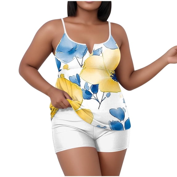 Cmfcve Plus Size Tankini Swimsuit for Women Two Piece Tummy Control Bathing Suit Floral Printed Blouson Tankini Top with Shorts