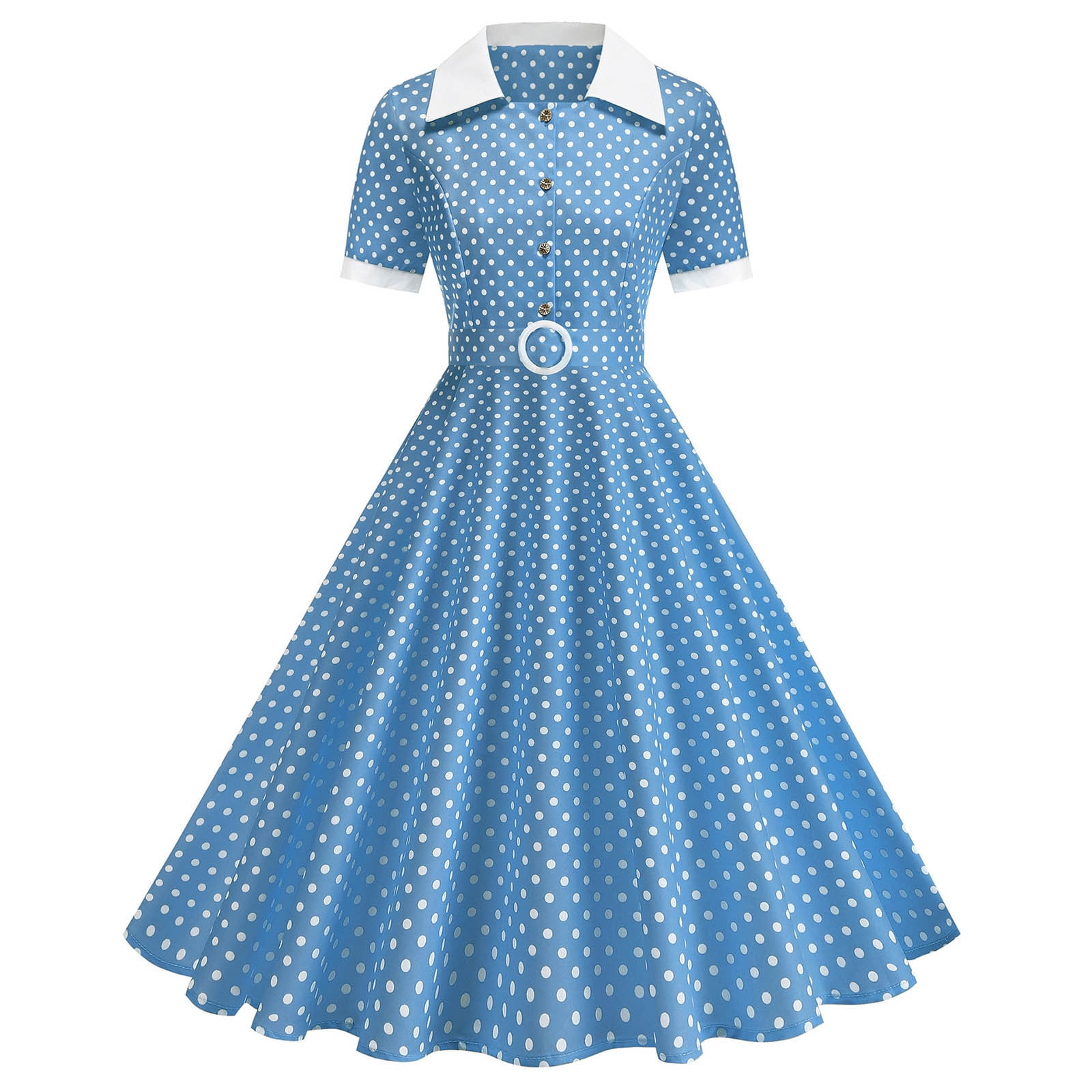Cmfcve Polka Dot Swing Dress for Women 1950s Vintage Hepburn Style Party Midi Dress Short Sleeve A-Line Cocktail Dress With Button Cmfcve Polka Dot Swing Dress for Women 1950s Vintage Hepburn Style Party Midi Dress Short Sleeve A-Line Cocktail Dress With Button