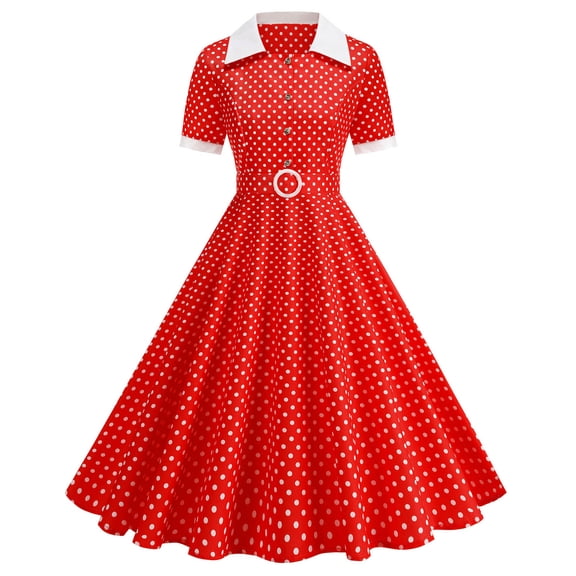 Cmfcve Polka Dot Swing Dress for Women 1950s Vintage Hepburn Style Party Midi Dress Short Sleeve A-Line Cocktail Dress With Button