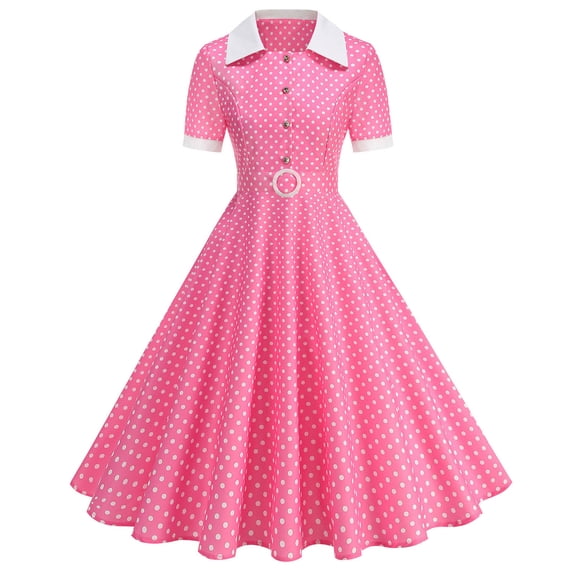 Cmfcve Polka Dot Swing Dress for Women 1950s Vintage Hepburn Style Party Midi Dress Short Sleeve A-Line Cocktail Dress With Button