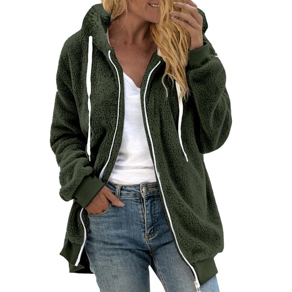 Cmfcve Preppy Hooded Jacket for Woman Long Sleeve Zipper Front Solid Color Cardigan Sweatshirt Oversized Fleece Drawstring Pocket Athletic Coat Tops