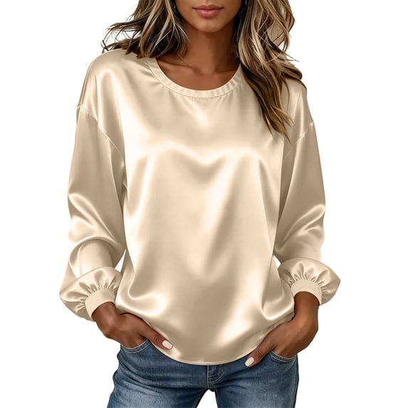 Cmfcve Puff Long Sleeve Work Tops for Women Crew Neck Satin Dressy Shirts Fashion Loose Comfy Casual Blouses