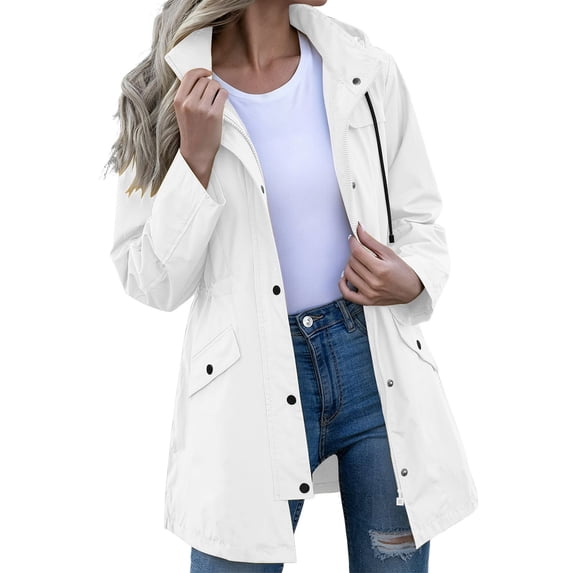 Cmfcve Rain Jacket for Women Lightweight Hooded Raincoat Mid-Length Fall Outdoor Waterproof Windbreaker