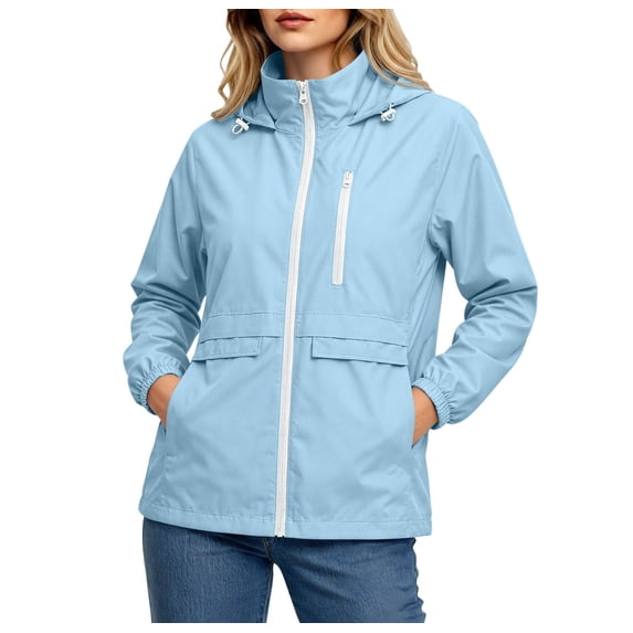 Cmfcve Rain Jacket for Womens Lightweight Fall Hooded Waterproof Jacket Zip Up Outdoor Hiking Windbreaker with Pockets