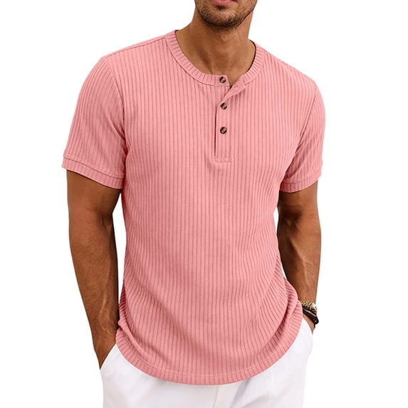 Cmfcve Ribbed Henley T-Shirt for Men Short Sleeve Slim Fit Muscle Shirt Cotton Casual Button Tops