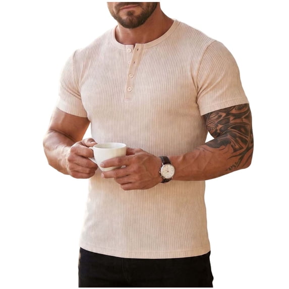 Cmfcve Ribbed Henley T-Shirt for Men Short Sleeve Slim Fit Muscle Shirt Cotton Casual Button Tops