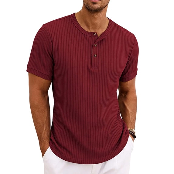 Cmfcve Ribbed Henley T-Shirt for Men Short Sleeve Slim Fit Muscle Shirt Cotton Casual Button Tops
