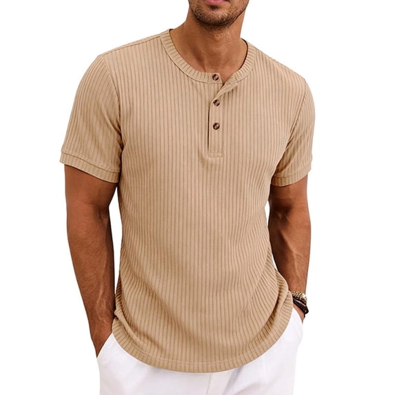 Cmfcve Ribbed Henley T-Shirt for Men Short Sleeve Slim Fit Muscle Shirt Cotton Casual Button Tops