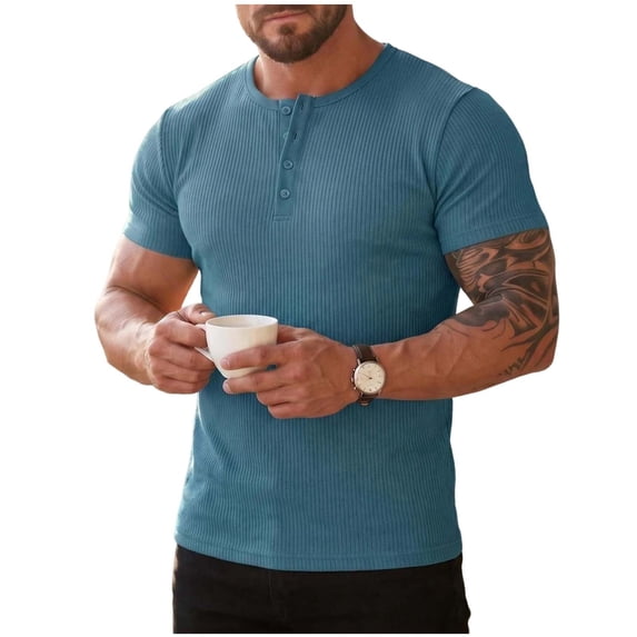 Cmfcve Ribbed Henley T-Shirt for Men Short Sleeve Slim Fit Muscle Shirt Cotton Casual Button Tops