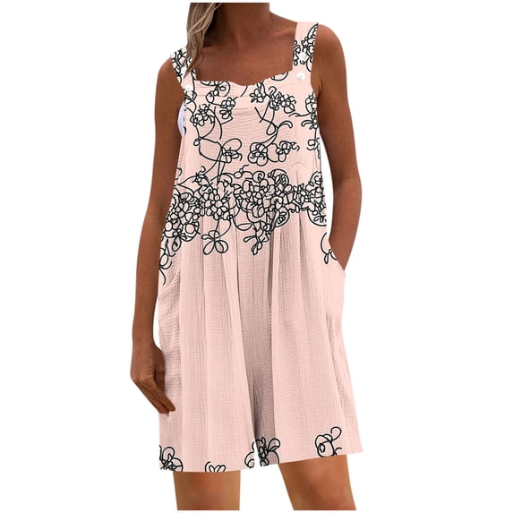 Cmfcve Rompers for Women Printed Striped Summer Casual Sleeveless Scoop Neck Short Jumpsuits Loose Fit Button Overalls with Pockets