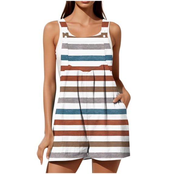 Cmfcve Rompers for Women Printed Striped Summer Casual Sleeveless Scoop Neck Short Jumpsuits Loose Fit Button Overalls with Pockets