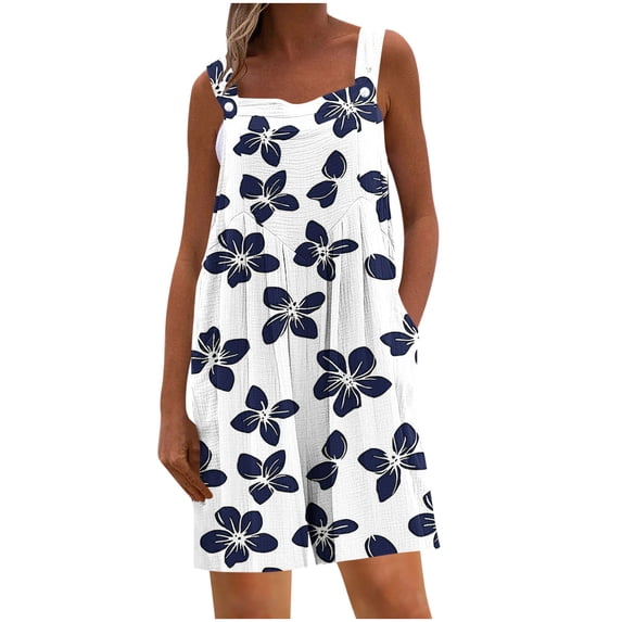 Cmfcve Rompers for Women Printed Striped Summer Casual Sleeveless Scoop Neck Short Jumpsuits Loose Fit Button Overalls with Pockets