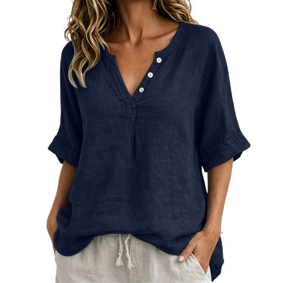 Cmfcve Shirts for Women Cotton Linen Half Sleeve V Neck Loose Fit Tunic Tops Lightweight Dressy Casual Blouses
