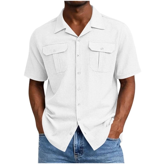 Cmfcve Short Sleeve Short Sleeve Tops for Men Business Casual Button Up Shirts Solid Lapel Collared Work Shirts with Two Flap Pockets
