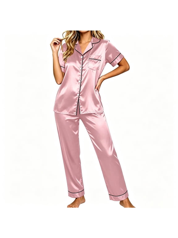 Silk Satin Pajama Set for Women Short Sleeve Button Down 2 Piece Loungewear Set Classic Lapel Tops & Long Pants Sleepwear Set