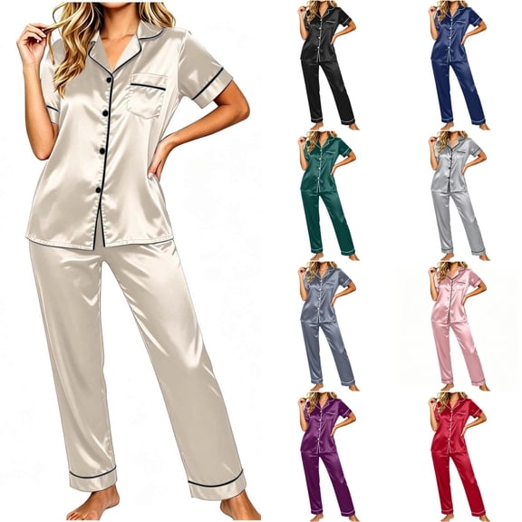 Cmfcve Silky Satin Pajama Set for Women Short Sleeve Button Down Lapel Top & Long Pants 2 Piece Loungewear Sleepwear