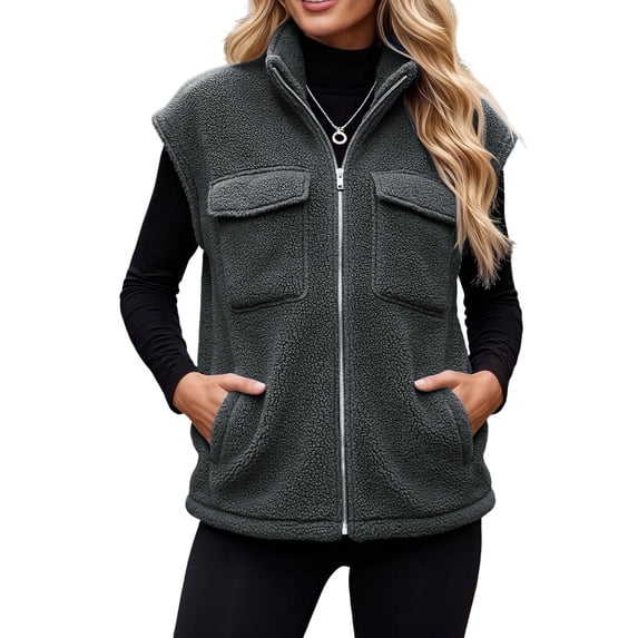 Cmfcve Sleeveless Winter Sherpa Vest for Women Zip up Fuzzy Fleece Jackets Casual Lapel Collared Warm Outerwear Coat with Pockets