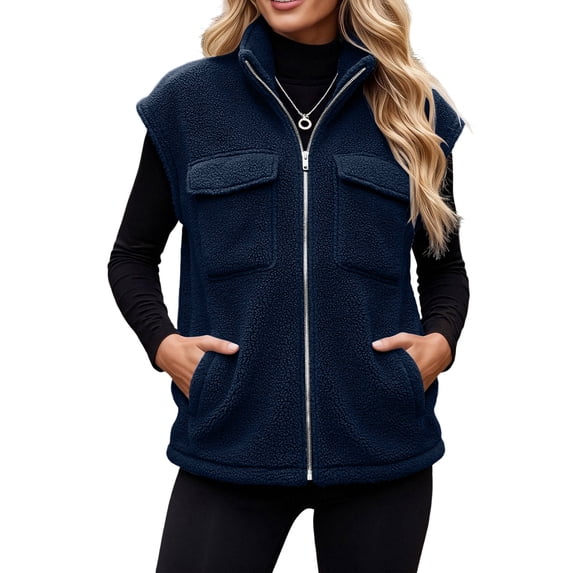 Cmfcve Sleeveless Winter Sherpa Vest for Women Zip up Fuzzy Fleece Jackets Casual Lapel Collared Warm Outerwear Coat with Pockets