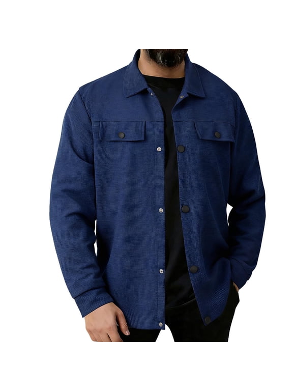 Snap Button Jacket for Men Vintage Waffle Long Sleeve Shacket Casual Fall Winter Work Outerwear Coat
