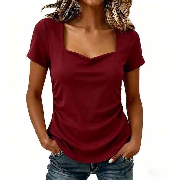 Cmfcve Square Neck T Shirts for Women Short Sleeve Slim Fit Summer Tops Trendy Side Pleated Dressy Business Blouses