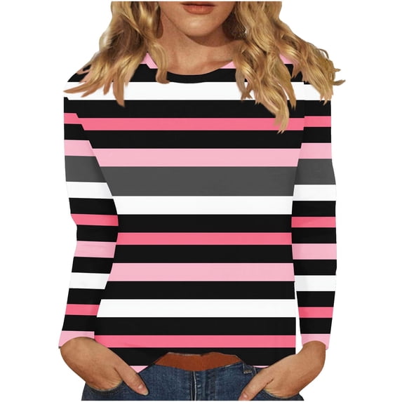 Cmfcve Striped Shirt for Woman Classic Long Sleeve Crew Neck Tunic Tops Loose Fit Casual Pullover T-Shirt