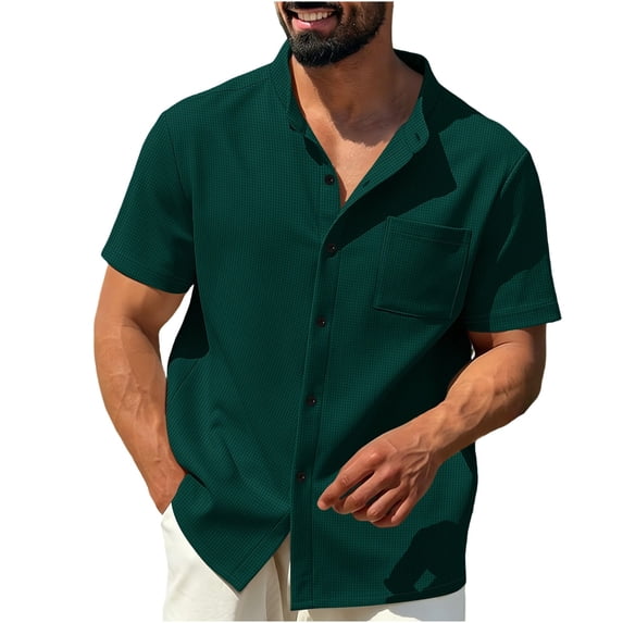 Cmfcve Styling Waffle Shirt for Men Button Down Short Sleeve Loose Fit Summer Beach Plain Tops