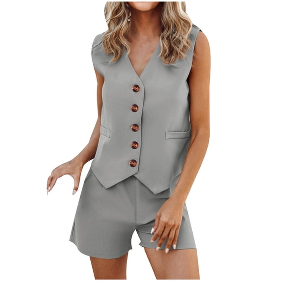 Cmfcve Summer 2 Piece Outfits for Women Sleeveless Matching Sets Button Down V Neck Vest Waistcoat and Pockets Shorts