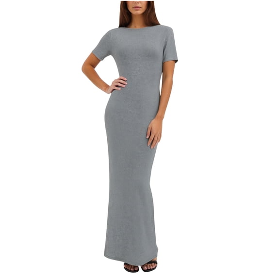 Cmfcve Summer Cap Sleeve Crew Neck Long Dress for Women Elegant Casual Slim Fit Maxi Dress Solid Color Cocktail Dress