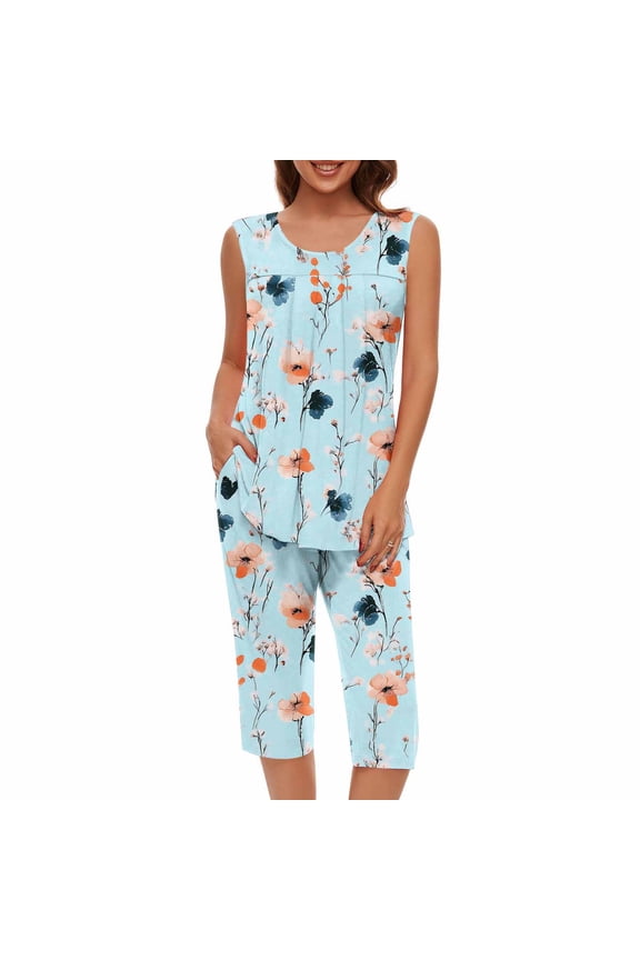 Summer Capri Pajama Sets for Women 2 Piece Soft Cute Pjs Outfit Round Neck Sleeveless Lounge Set