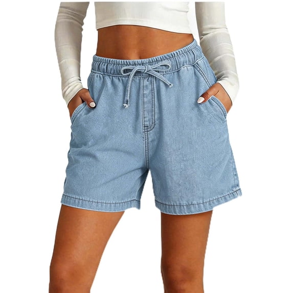 Cmfcve Summer Jean Shorts for Womens High Waisted Stretchy Drawstring Elastic Waist Denim Shorts Casual Loose Fit Short Pants with Side Pockets