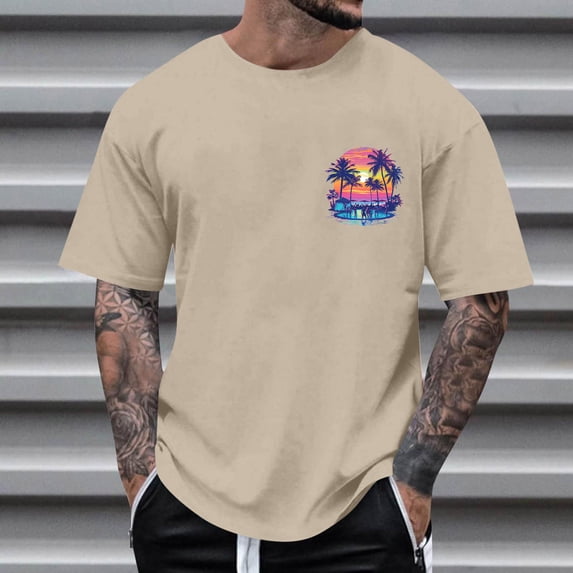 Cmfcve Summer Men's Tees Short Sleeve Round Neck Sports T-shirt Coconut Printed Breathable Outdoor Shirt