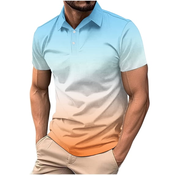 Cmfcve Summer Mens Tops 2026 Ombre Short Sleeve t Shirt Slim Fit Casual Collared Top with Buttons Front