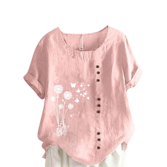 Cmfcve Summer Oversize Tops for Women Short Sleeve Round Neck Blouse Daisy Printed Button Tee Shirt Cotton Linen Loose Fit Summer Shirt